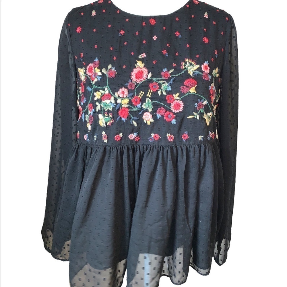 Zara Embroidered Floral Textured Tie Back Blouse
